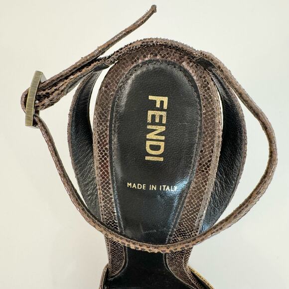 Fendi Orlando High Heel Sandals Bronze Gold Silver Leather Wood |Size 41 (US 10) - Picture 9 of 10